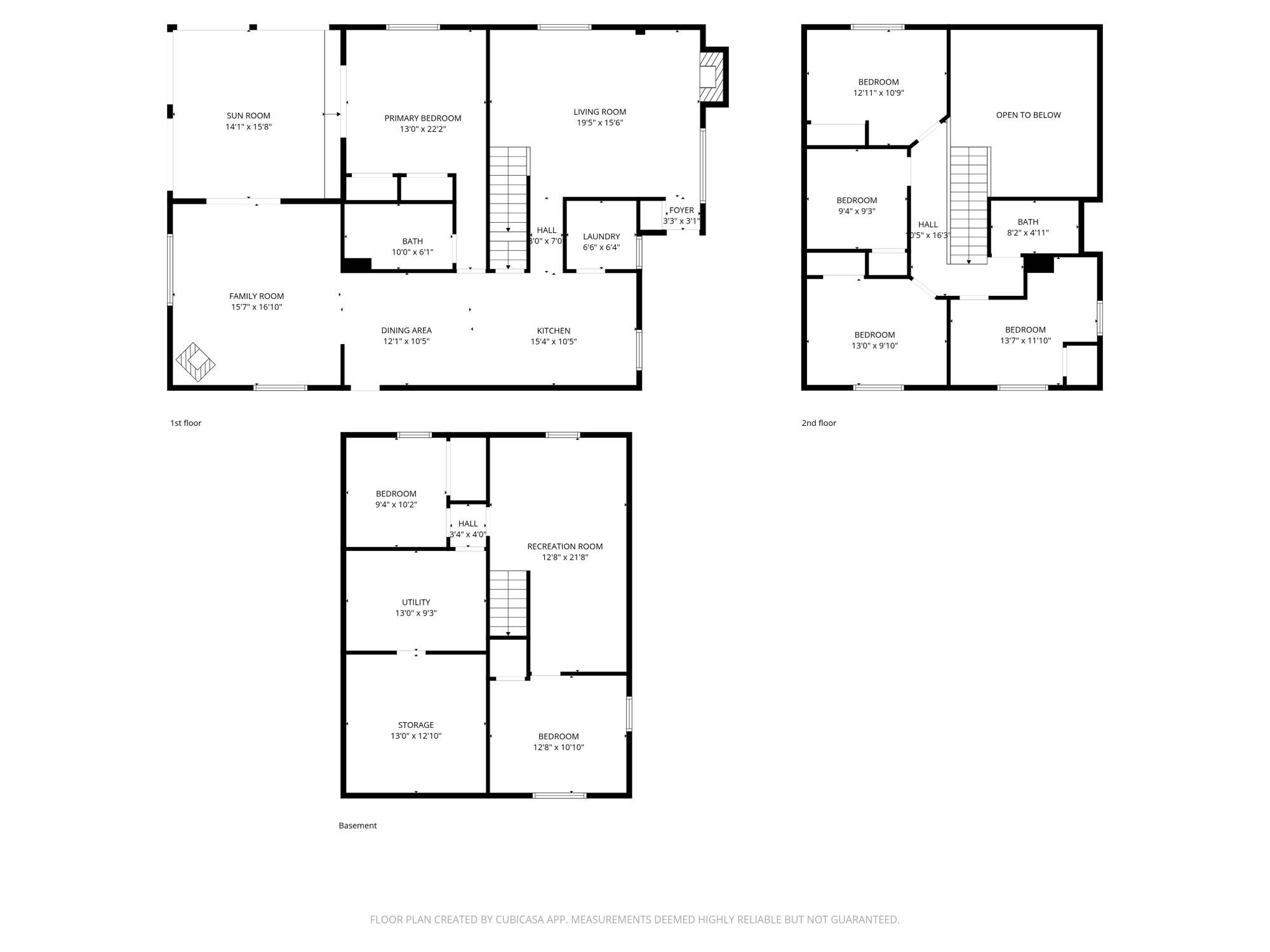 Combined floor plan showing main floor, upper floor, and basement with all room dimensions